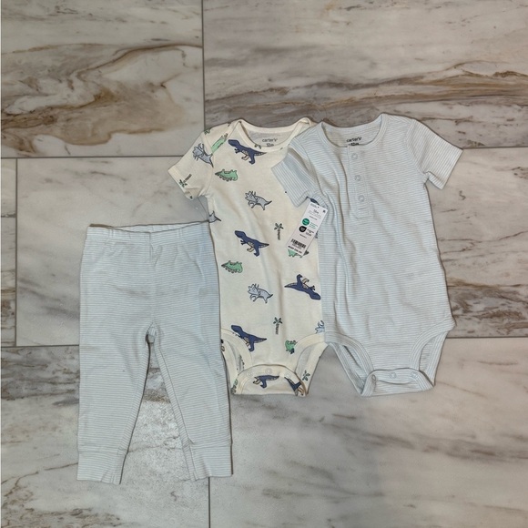 Carter’s 3-Piece Baby Boy Outfit – Dino Bodysuits & Pants Set, Size 12M - Picture 1 of 4